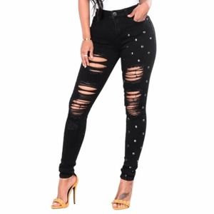Fashion Nova One Side of the Story Black Distressed Silver Studded Ripped  Jeans